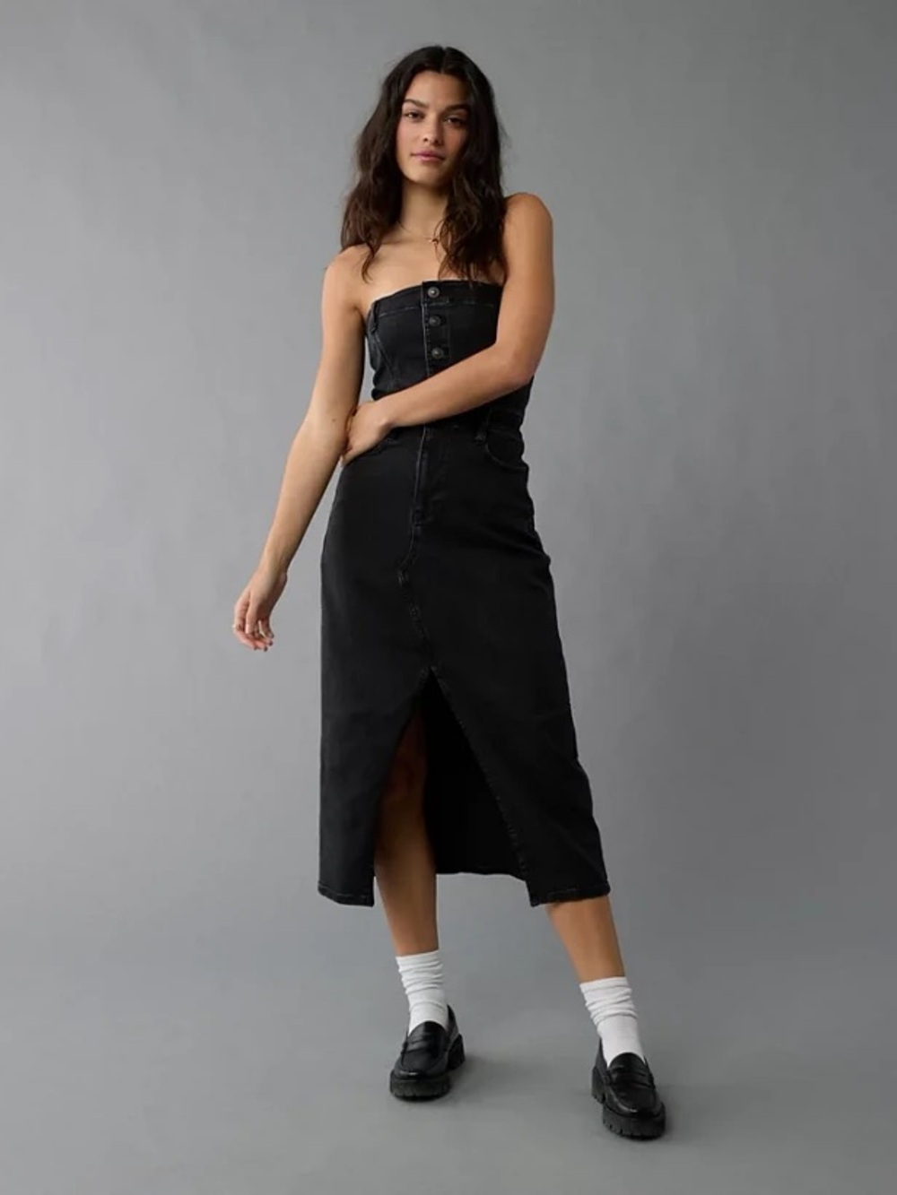 American Eagle Outfitters Black Strapless Halter Denim Midi Dress